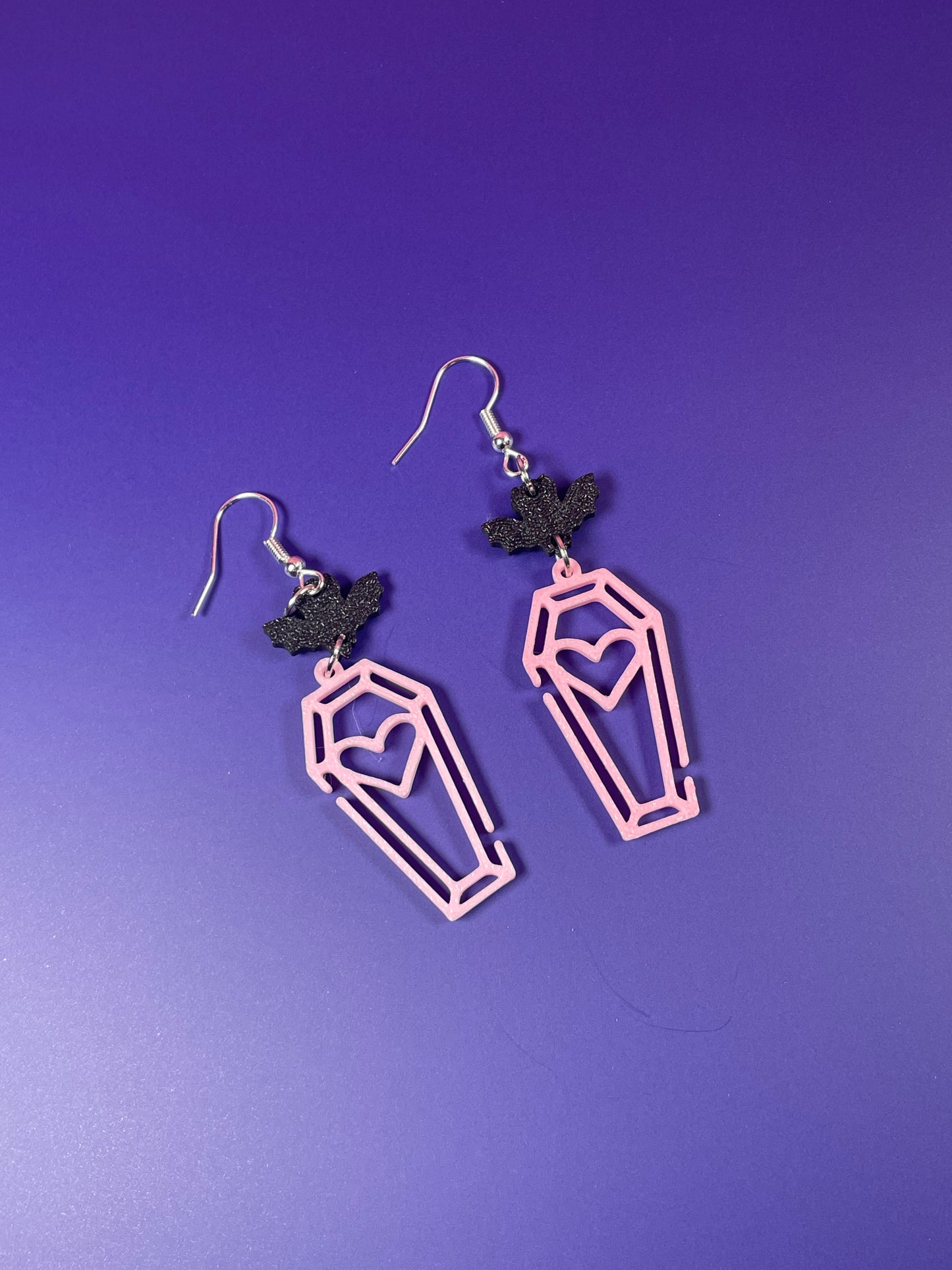 Tiny Pink Coffin + Bat Earrings – Spooky-Chic Vibe