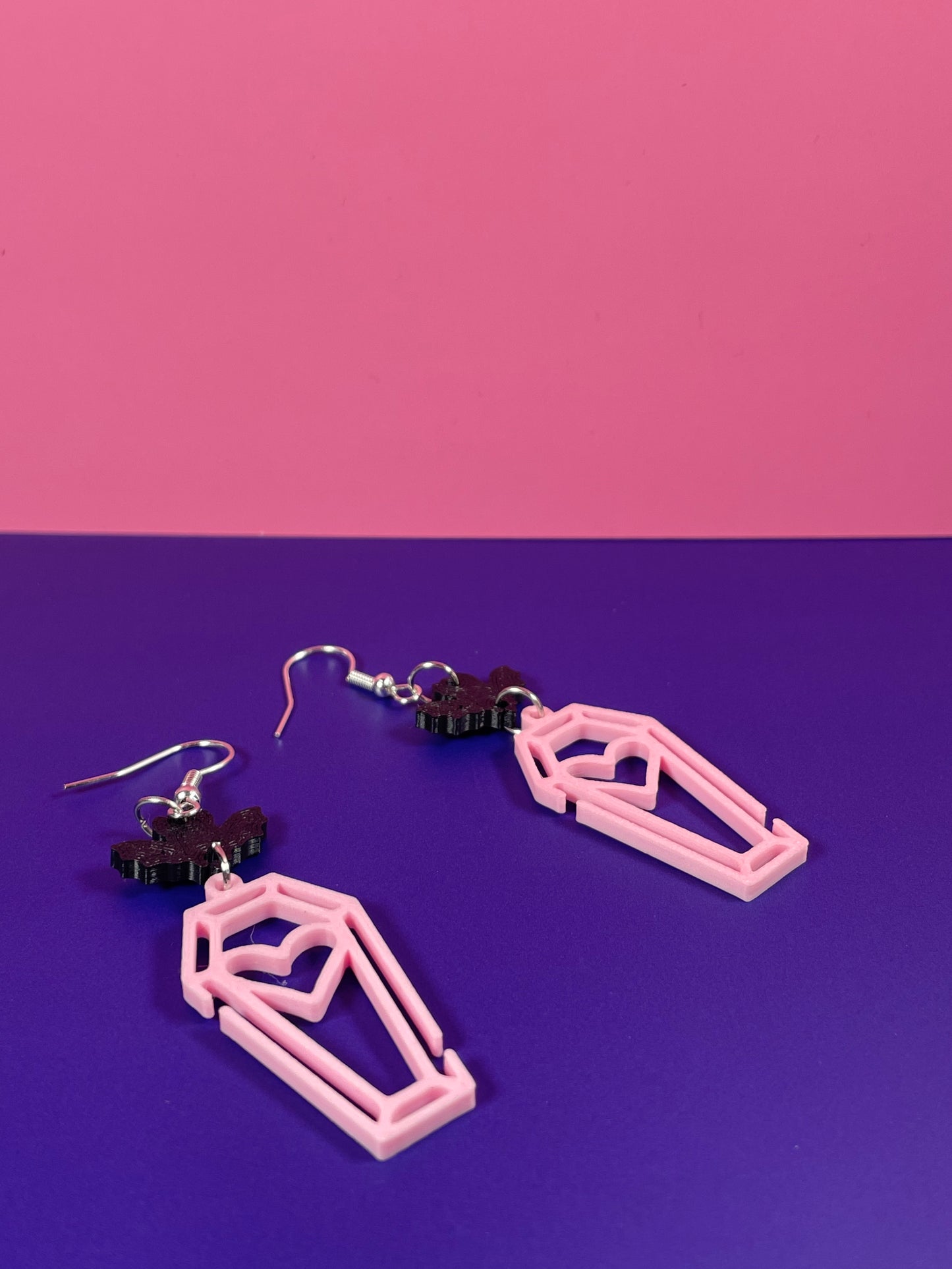 Tiny Pink Coffin + Bat Earrings – Spooky-Chic Vibe