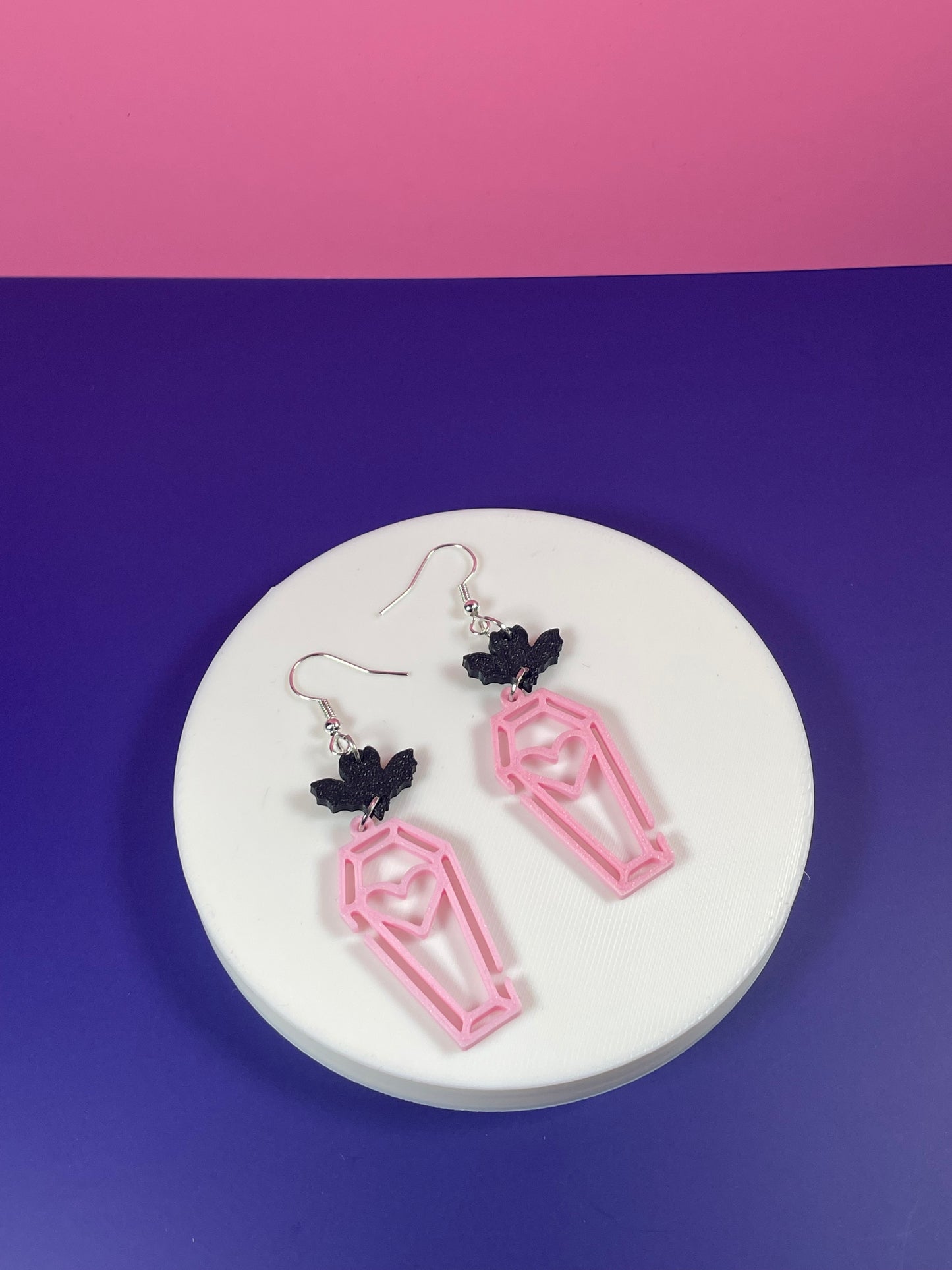 Tiny Pink Coffin + Bat Earrings – Spooky-Chic Vibe