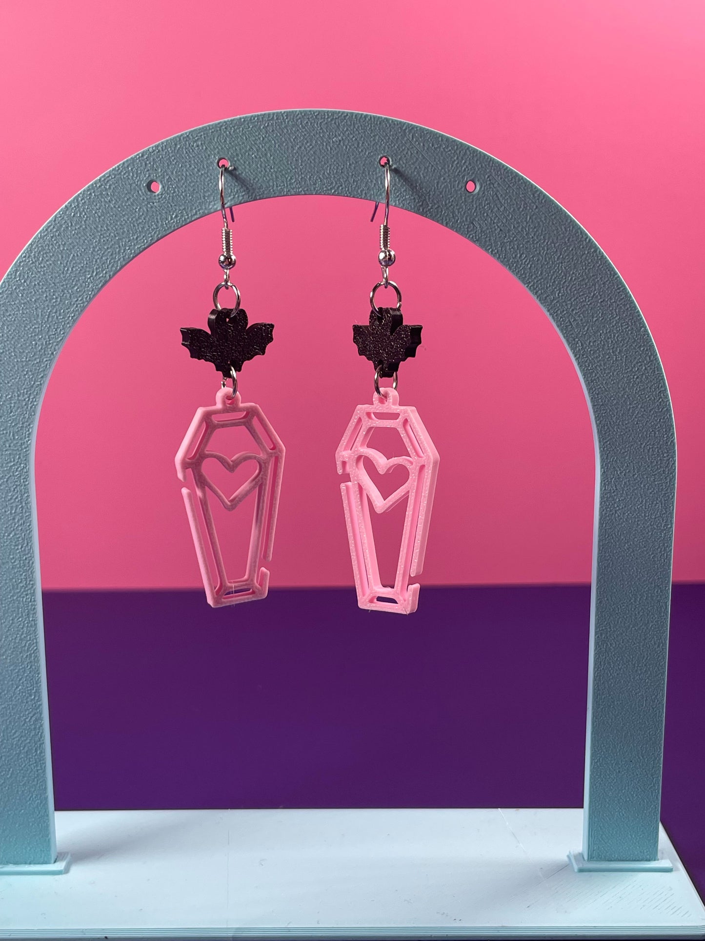 Tiny Pink Coffin + Bat Earrings – Spooky-Chic Vibe