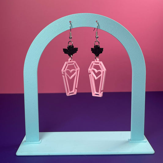Tiny Pink Coffin + Bat Earrings – Spooky-Chic Vibe