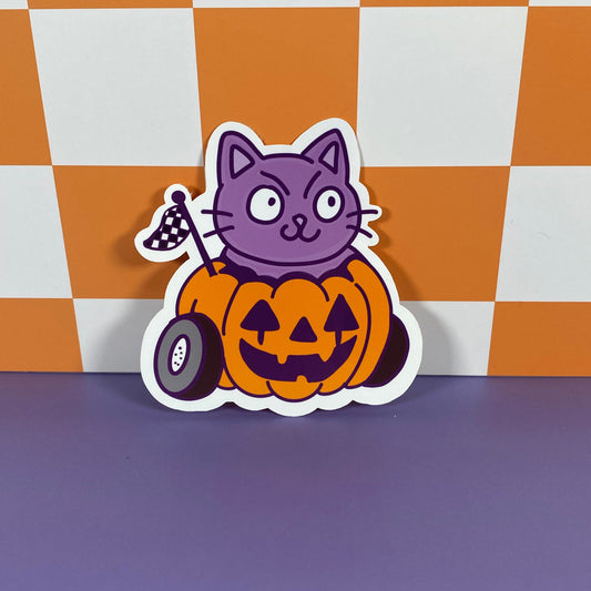 Cheeky purple Cat in a Halloween pumpkin car- Sticker